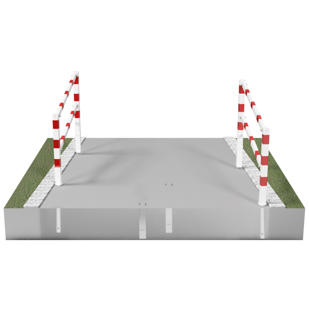 Access barriers | with triangular lock | swing-back | with top and quarter-bent bar | hot-dip galvanized and white coatedwith red reflecting stripes | total width: 1500 mm